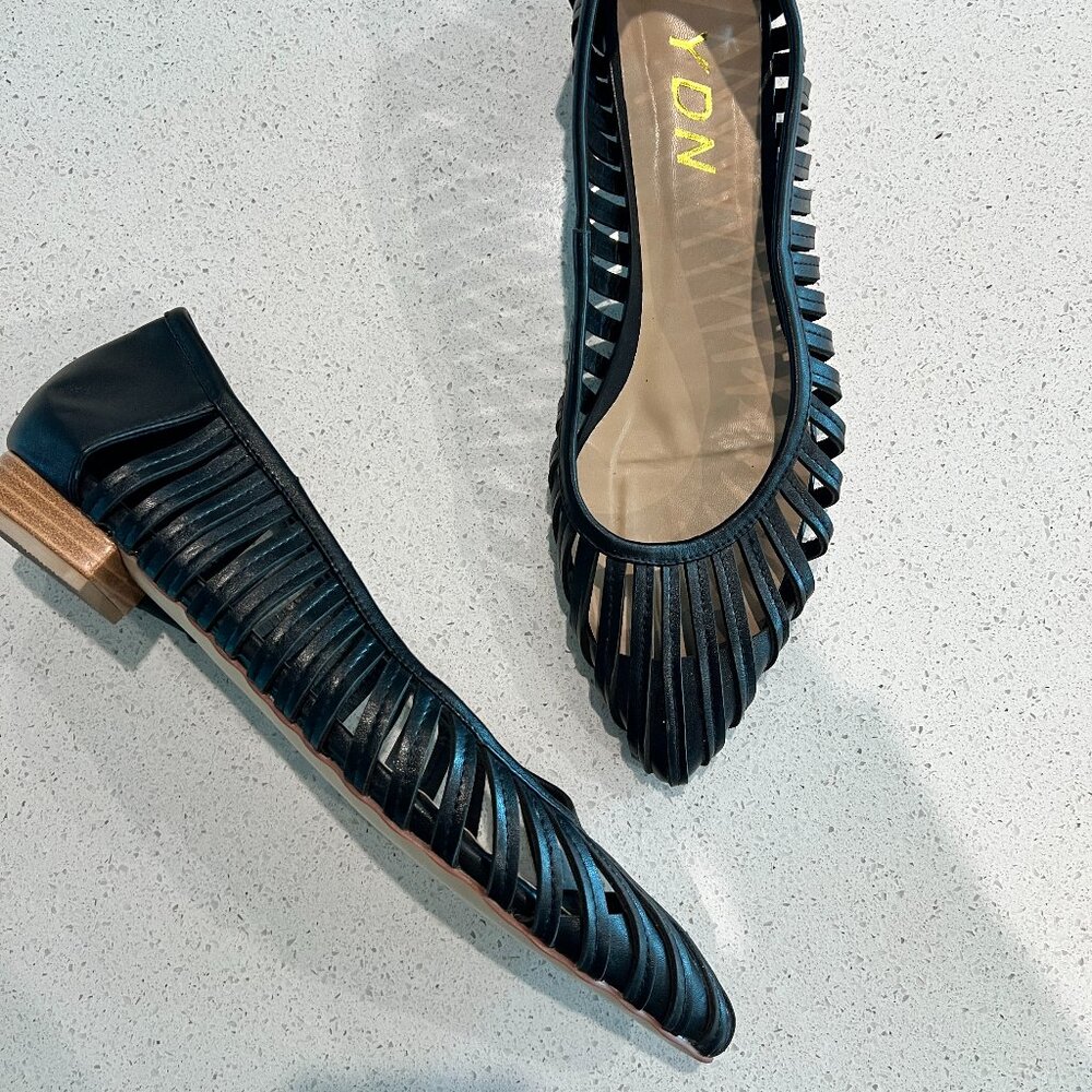 YDN Black Lattice-Cut Pointed-Toe Flats – Size 13W – (Orig. $89)